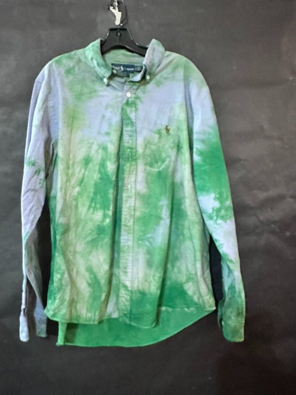 Ralph Lauren Blue Denim Tie Dye Green Shirt Button Up  Upcycle SIze Neck 17.5